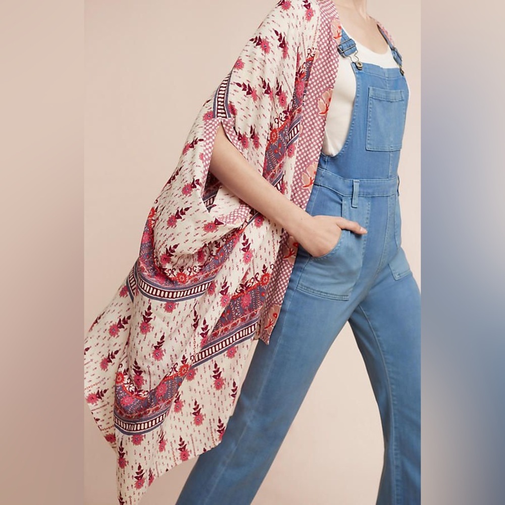 #59 Anthropologie Cream Kimono with Pink and Blue Floral Print